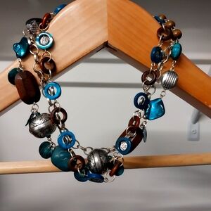 Layered necklace 20" silver, wood and teal/aqua